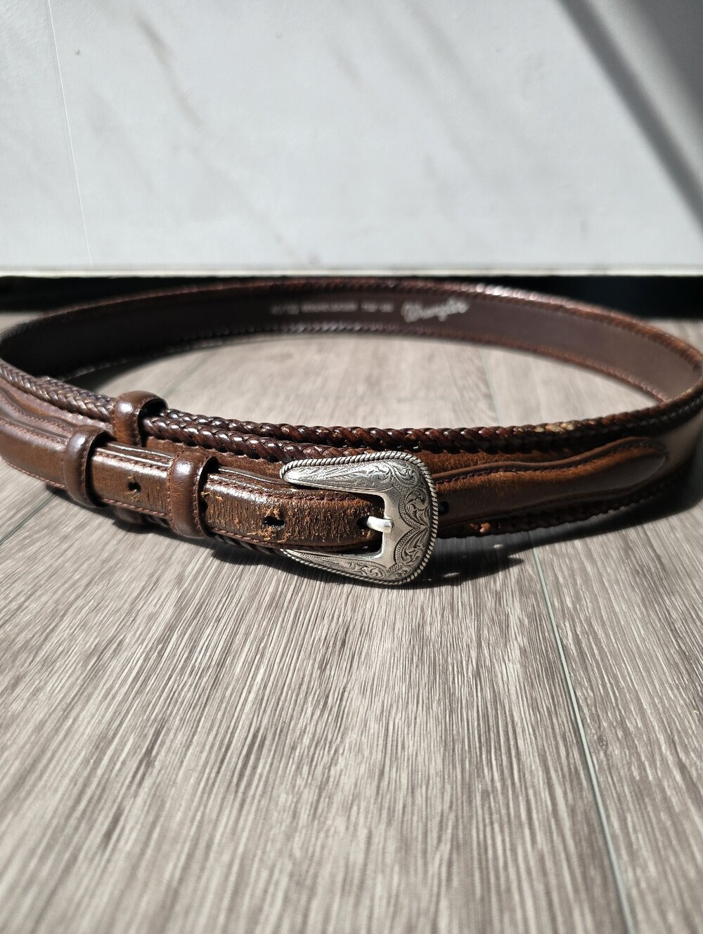 Wrangler Western Belt Mens 40 Brown Genuine Leather Braided Rope Silver Buckle